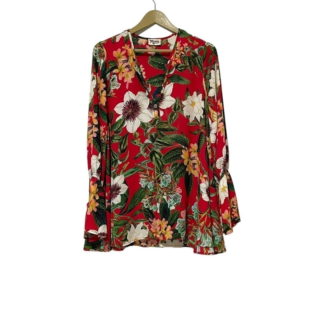 Show Me Your Mumu Medium Red Green Floral V Neck Bell Sleeve Tunic Resortwear